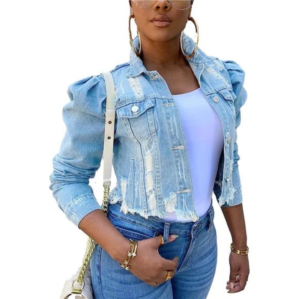 Light Wash Denim Jacket Puff Sleeve Distressed Blue Denim Cropped Jackets Top - Picture 4 of 5